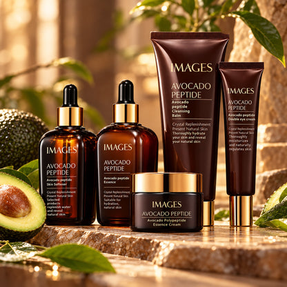 IMAGES Avocado Peptide skincare set on warm stone with fresh avocado