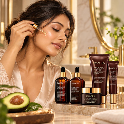 Woman applying avocado peptide essence with the dropper, set on the vanity