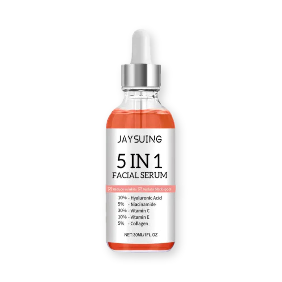 JAYSUING 5 IN 1 Facial Serum 30ml dropper bottle alone on a pure white background with a soft studio shadow