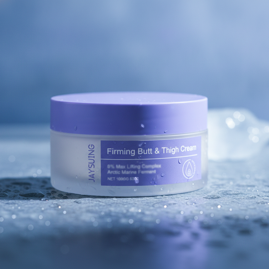 Jaysuing Firming Butt & Thigh Cream — styled three-quarter angle on cool wet stone with water droplets