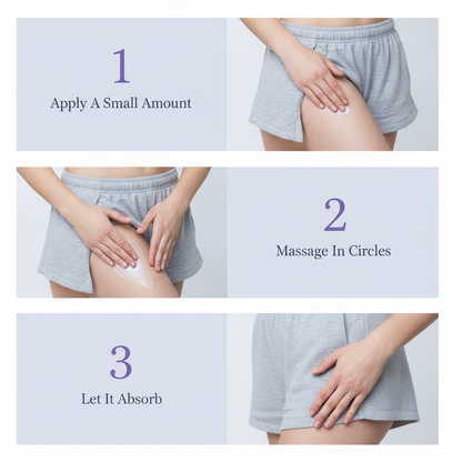 Jaysuing Firming Butt & Thigh Cream — how to use in three steps: apply a small amount, massage in circles, let it absorb