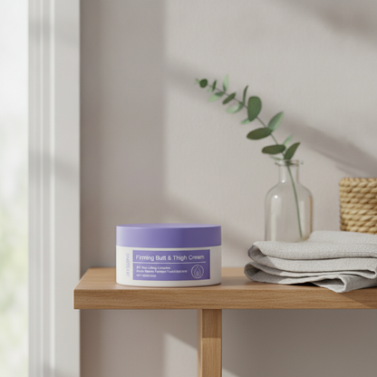 Jaysuing Firming Butt & Thigh Cream — lifestyle photo of the jar on a sunlit bathroom shelf with towels