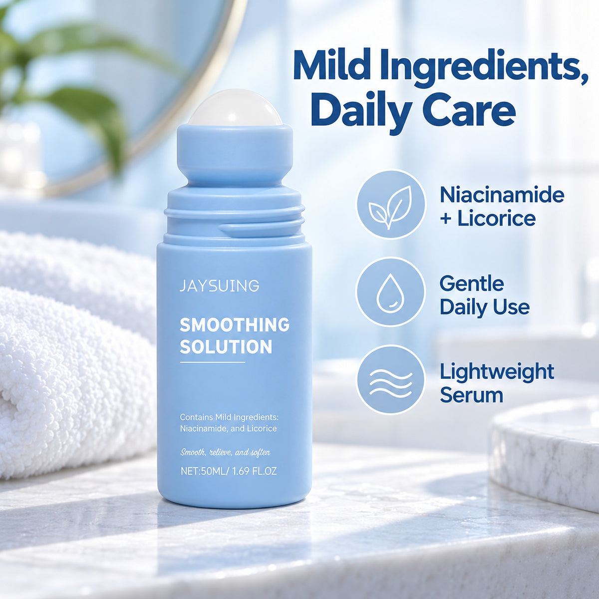 Mild ingredients for daily underarm care – niacinamide and licorice, gentle lightweight serum