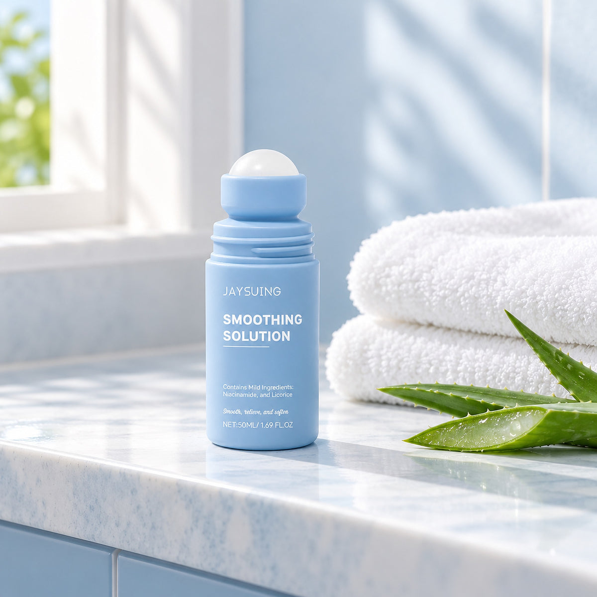 JAYSUING Smoothing Solution 50ml roller on a bright bathroom shelf with towels and aloe