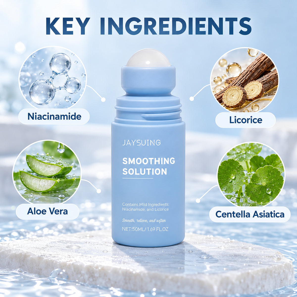Key ingredients of the underarm roller serum: niacinamide, licorice, aloe vera, centella asiatica