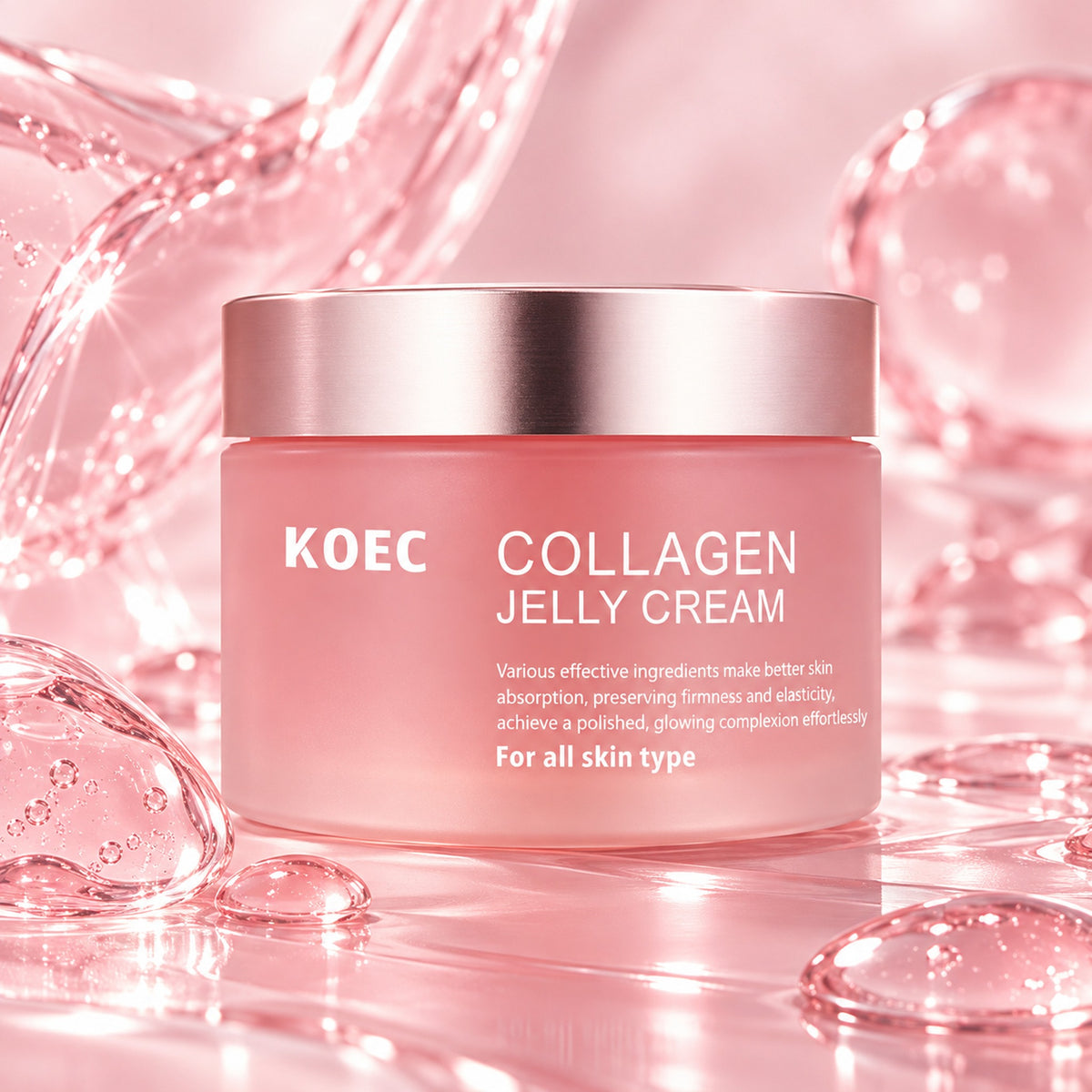 KOEC Collagen Jelly Cream pink jar among glossy pink jelly drops