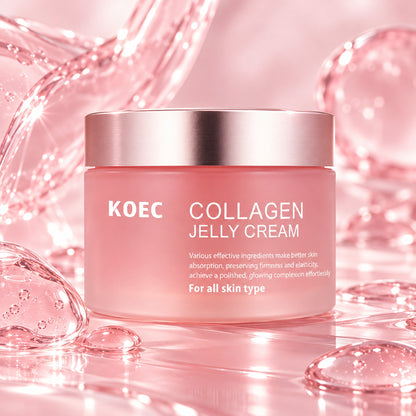 KOEC Collagen Jelly Cream pink jar among glossy pink jelly drops