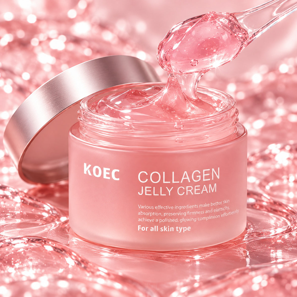 Open jar with a scoop of bouncy pink jelly-gel cream
