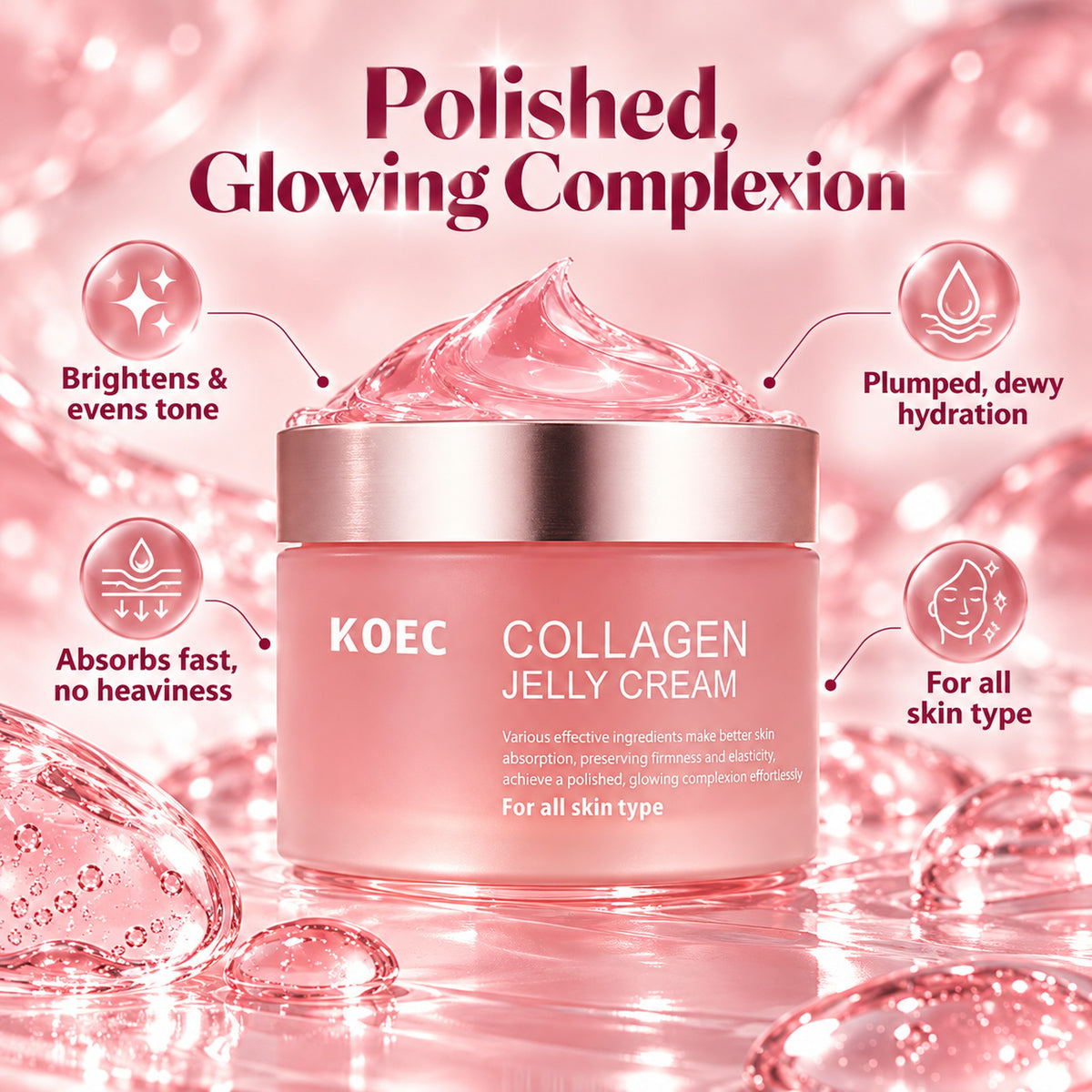 Polished, glowing complexion – brightens and evens tone, plumped dewy hydration, absorbs fast, for all skin type