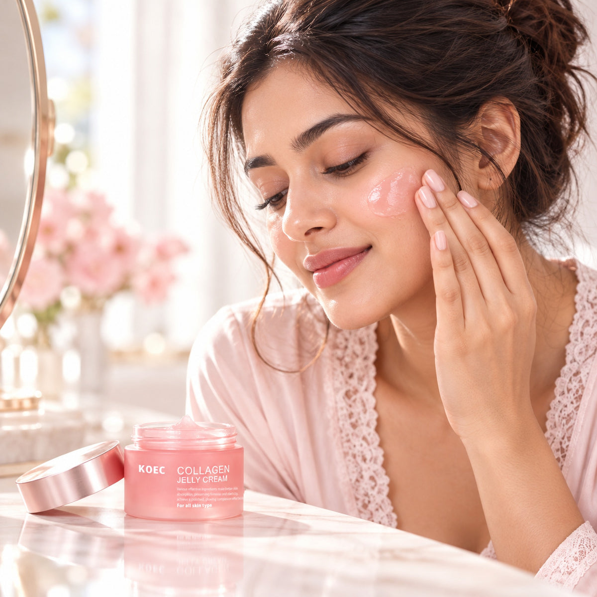 Woman patting jelly cream onto her cheek at a bright vanity