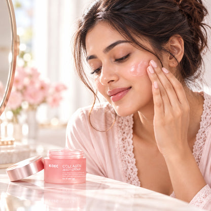 Woman patting jelly cream onto her cheek at a bright vanity