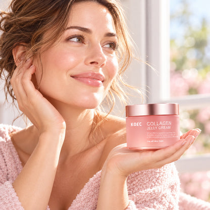 Woman holding the 50 g KOEC Collagen Jelly Cream jar by a sunny window