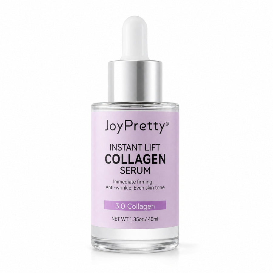 JoyPretty Collagen Serum bottle alone on white with a soft realistic studio shadow