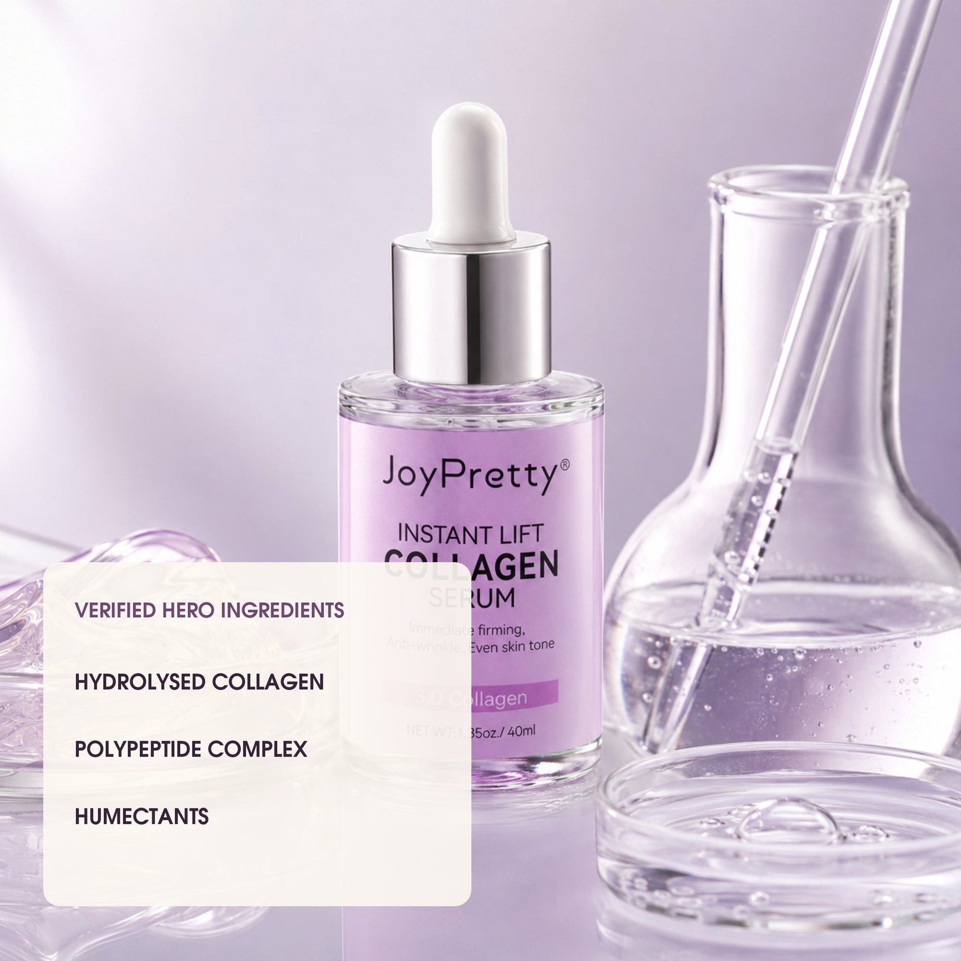 JoyPretty serum with named hydrolysed collagen, polypeptide complex and humectants