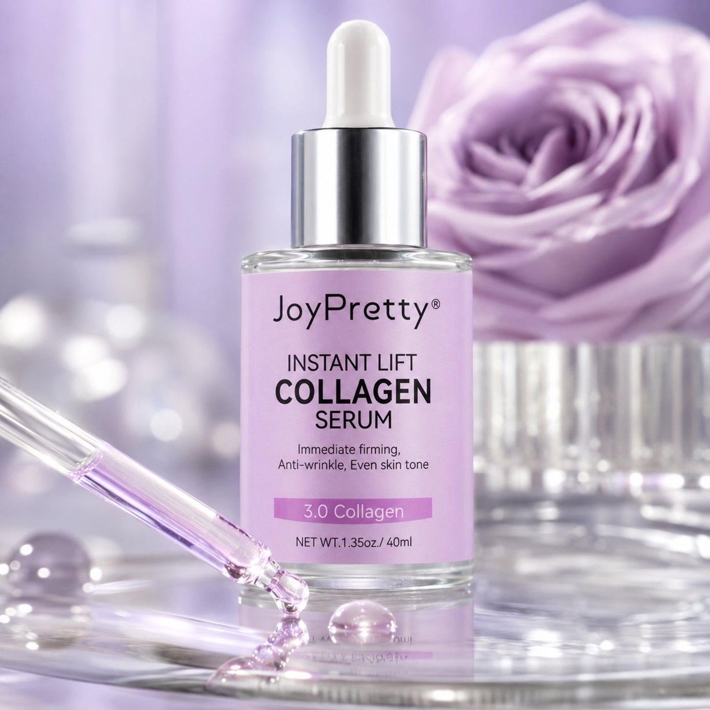 JoyPretty Collagen Serum dropper releasing glossy serum in macro detail