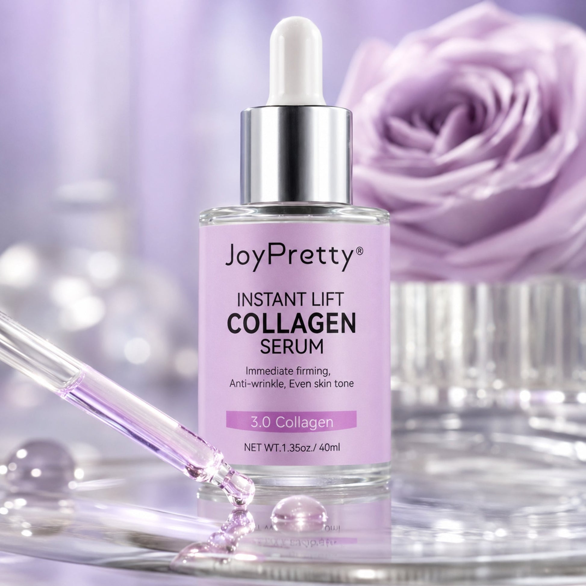 JoyPretty Collagen Serum dropper releasing glossy serum in macro detail