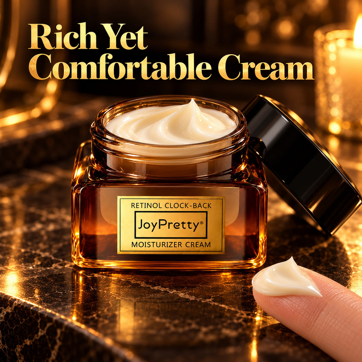 Open amber jar of JoyPretty retinol cream showing the rich yet comfortable ivory cream texture