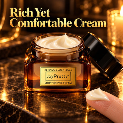Open amber jar of JoyPretty retinol cream showing the rich yet comfortable ivory cream texture