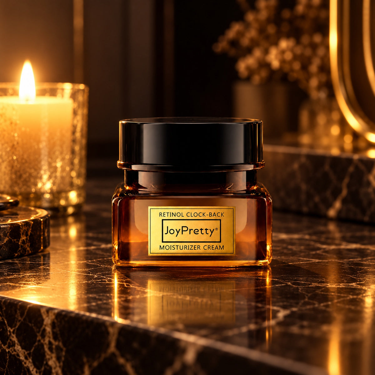 JoyPretty Retinol Clock-Back amber jar on dark marble in warm candlelight