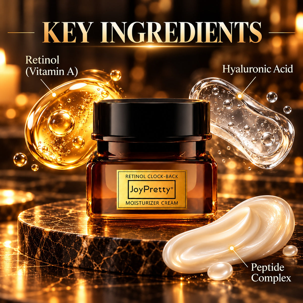 Key ingredients of the retinol face cream: retinol (vitamin A), hyaluronic acid, peptide complex