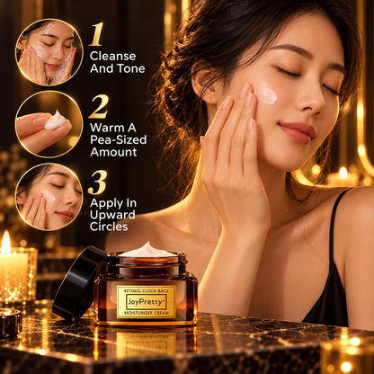 How to use the retinol night cream: cleanse and tone, warm a pea-sized amount, apply in upward circles