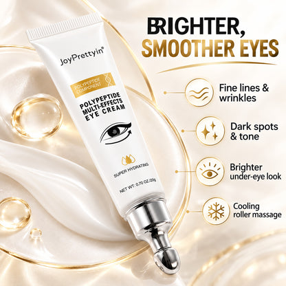 JoyPrettyin polypeptide multi-effects eye cream benefits: fine lines and wrinkles, dark spots and tone, brighter under-eye look, cooling roller massage