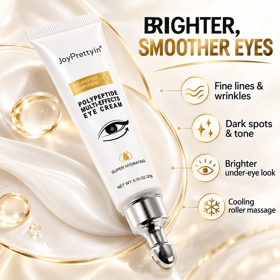JoyPrettyin polypeptide multi-effects eye cream benefits: fine lines and wrinkles, dark spots and tone, brighter under-eye look, cooling roller massage