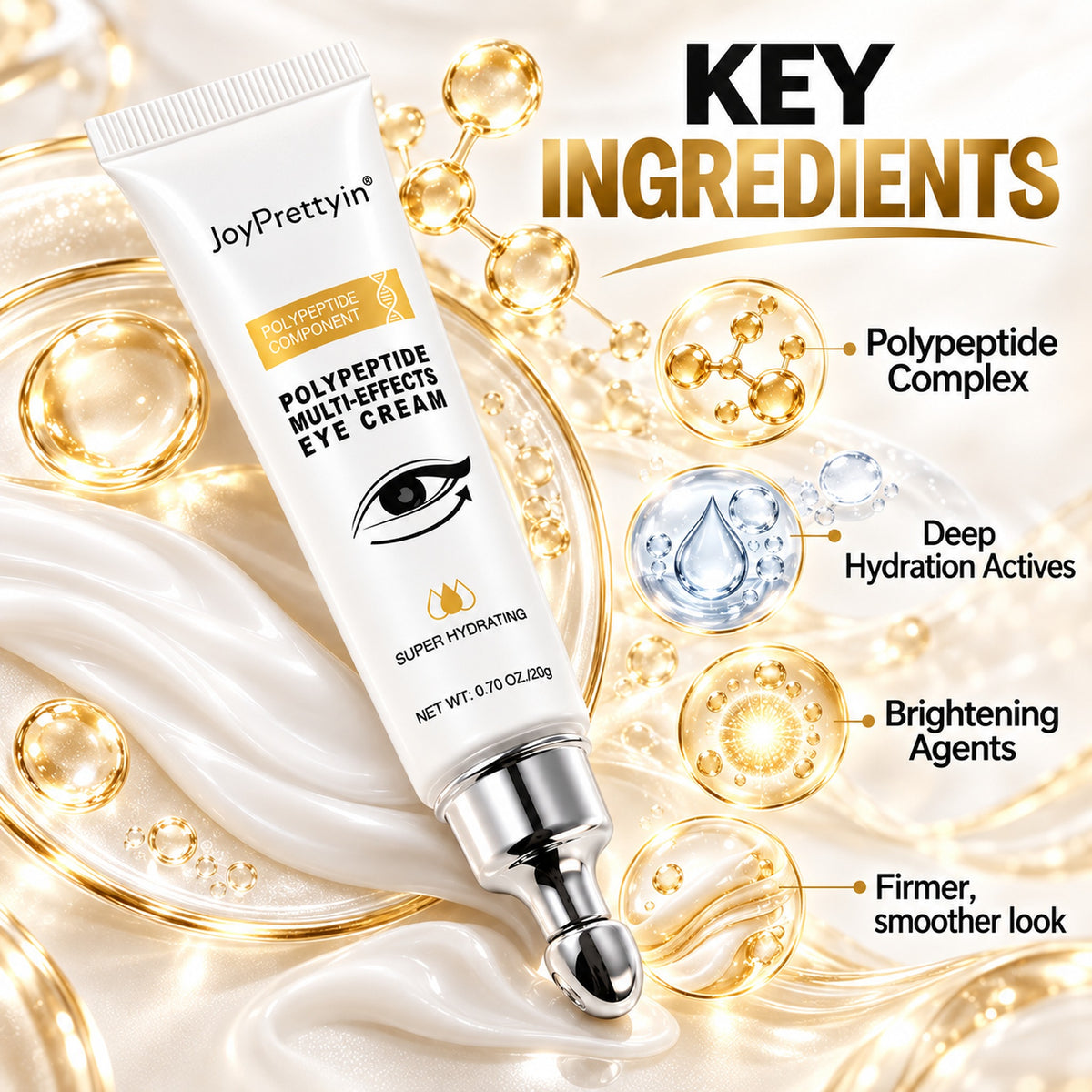 Key ingredients of JoyPrettyin polypeptide eye cream: polypeptide complex, deep hydration actives and brightening agents