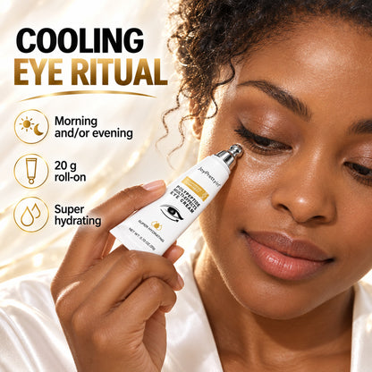 Woman rolling the JoyPrettyin polypeptide eye cream metal roller under her eye for a cooling, super hydrating ritual