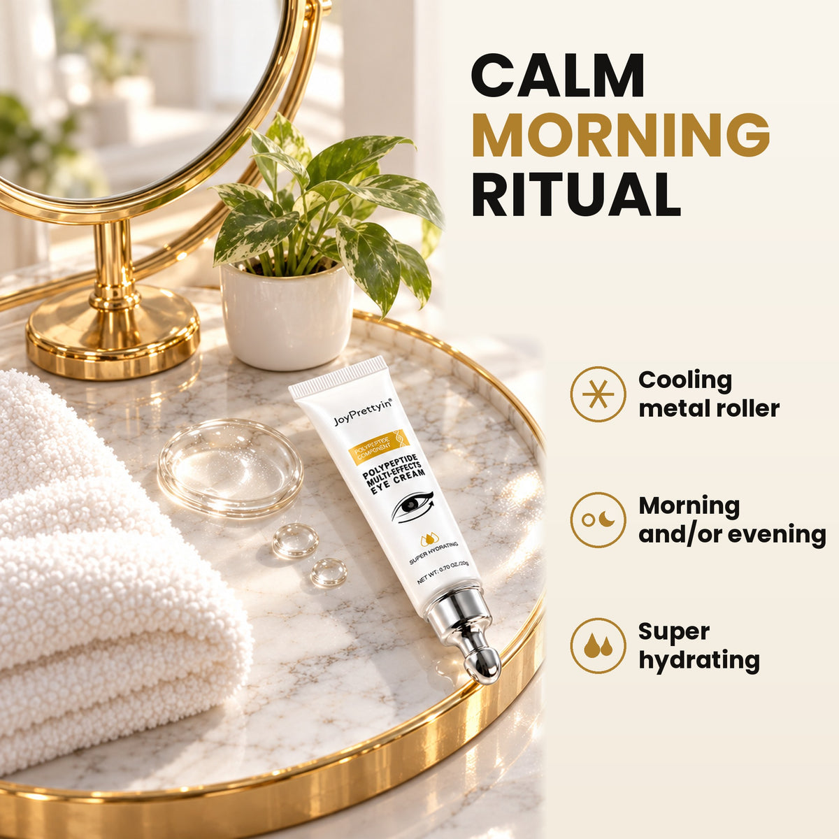 JoyPrettyin 20 g polypeptide eye cream on a marble and gold vanity tray for a calm morning skincare ritual