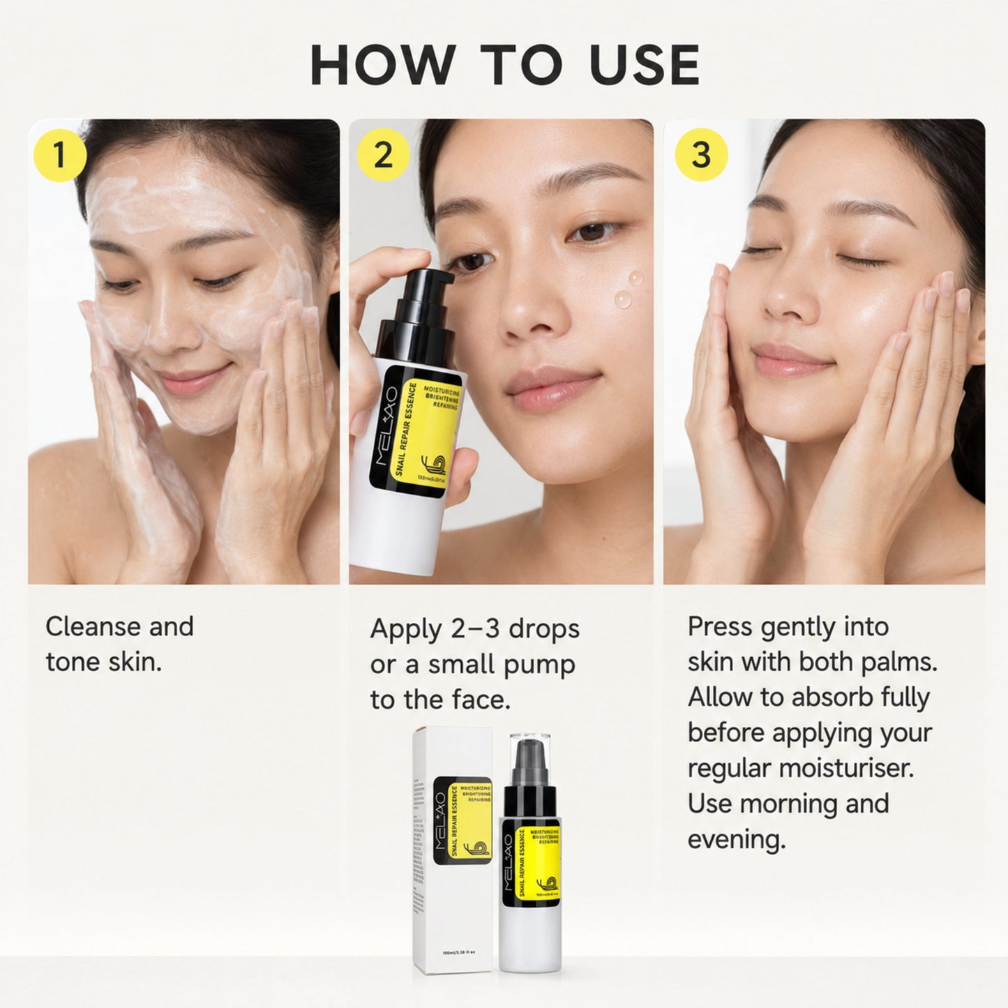 K-Beauty Snail Mucin Serum – Hydrating & Brightening — photographic three-step how-to