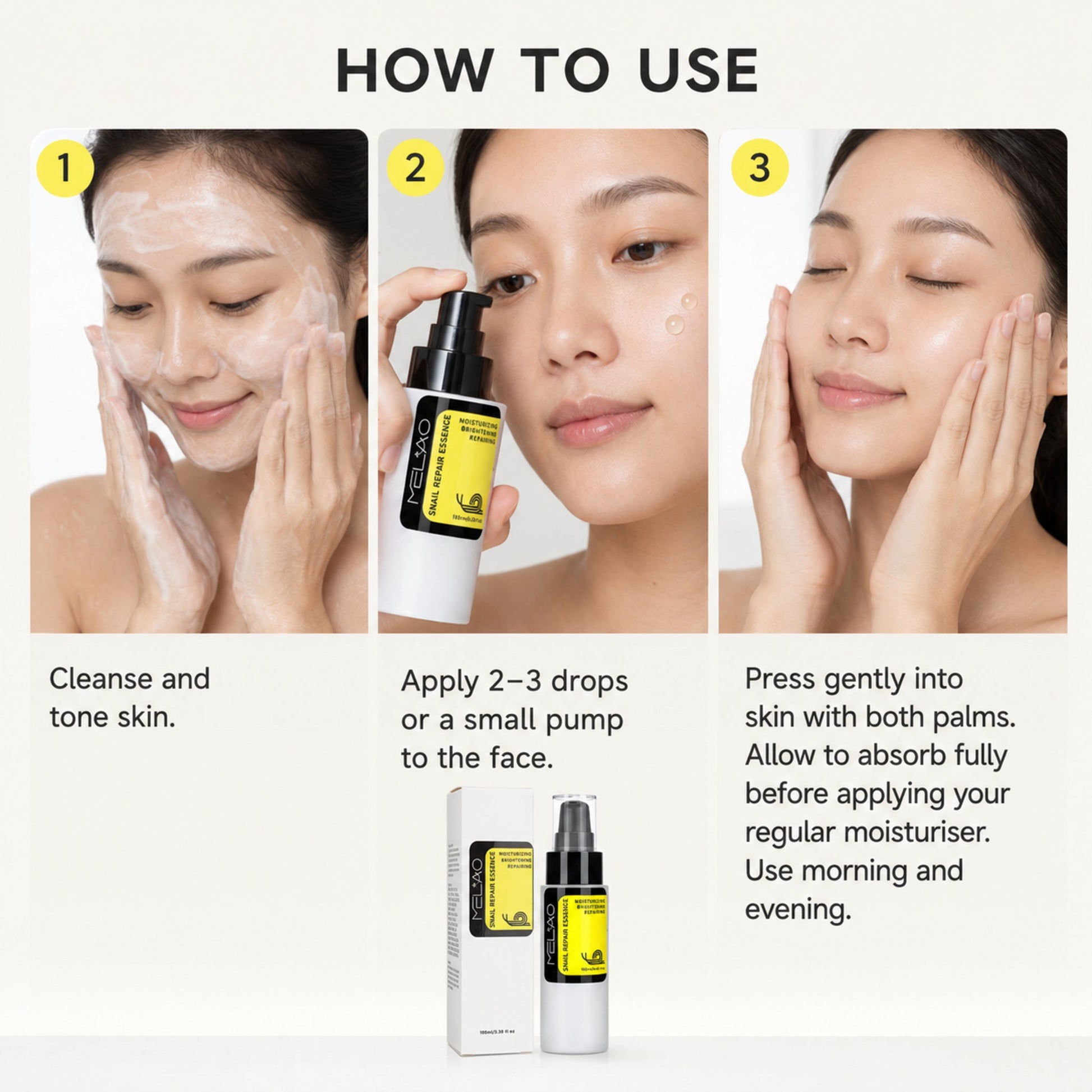 K-Beauty Snail Mucin Serum – Hydrating & Brightening — photographic three-step how-to