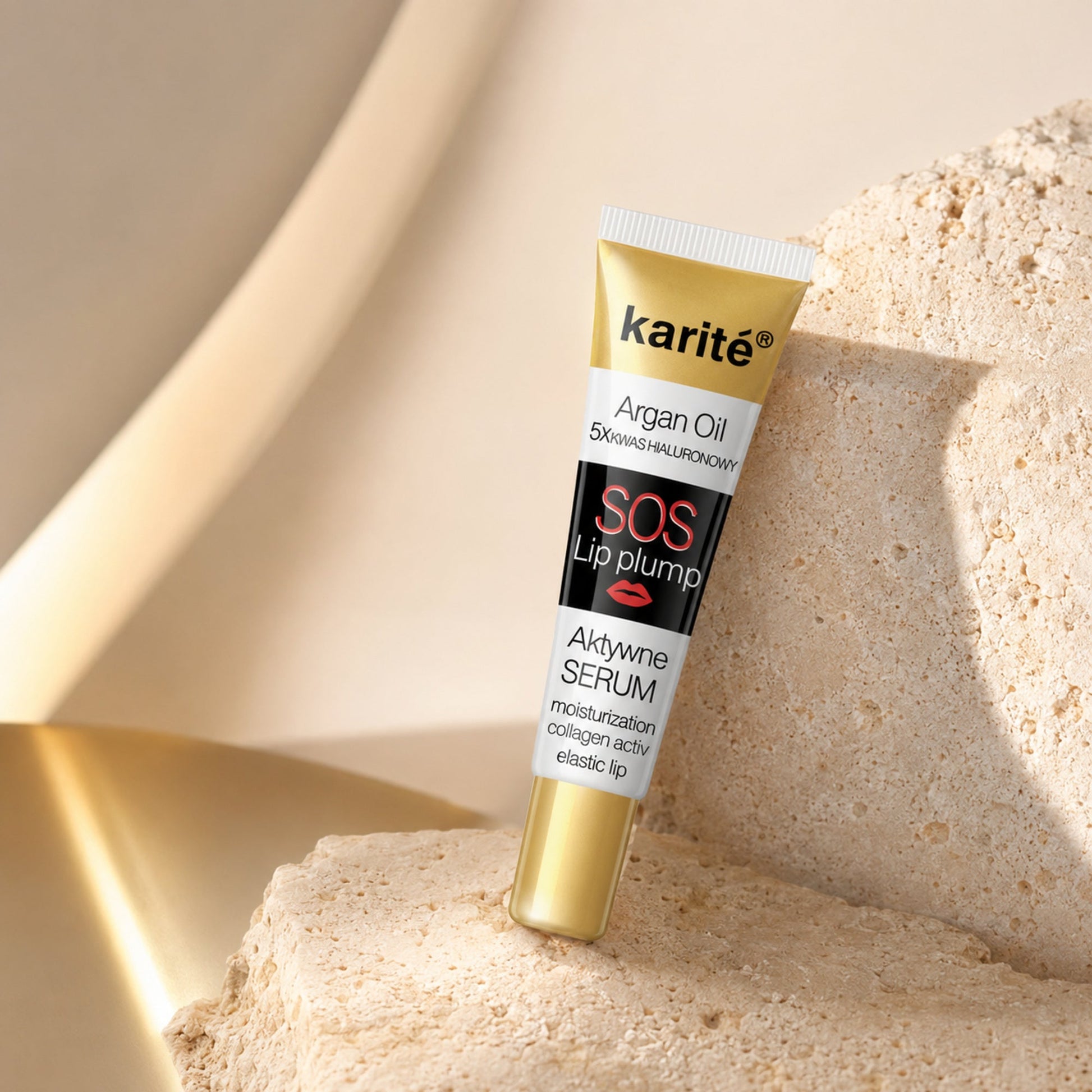 Karité Argan Oil Lip Plumper in a warm beige three-quarter luxury product shot