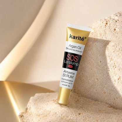 Karité Argan Oil Lip Plumper in a warm beige three-quarter luxury product shot