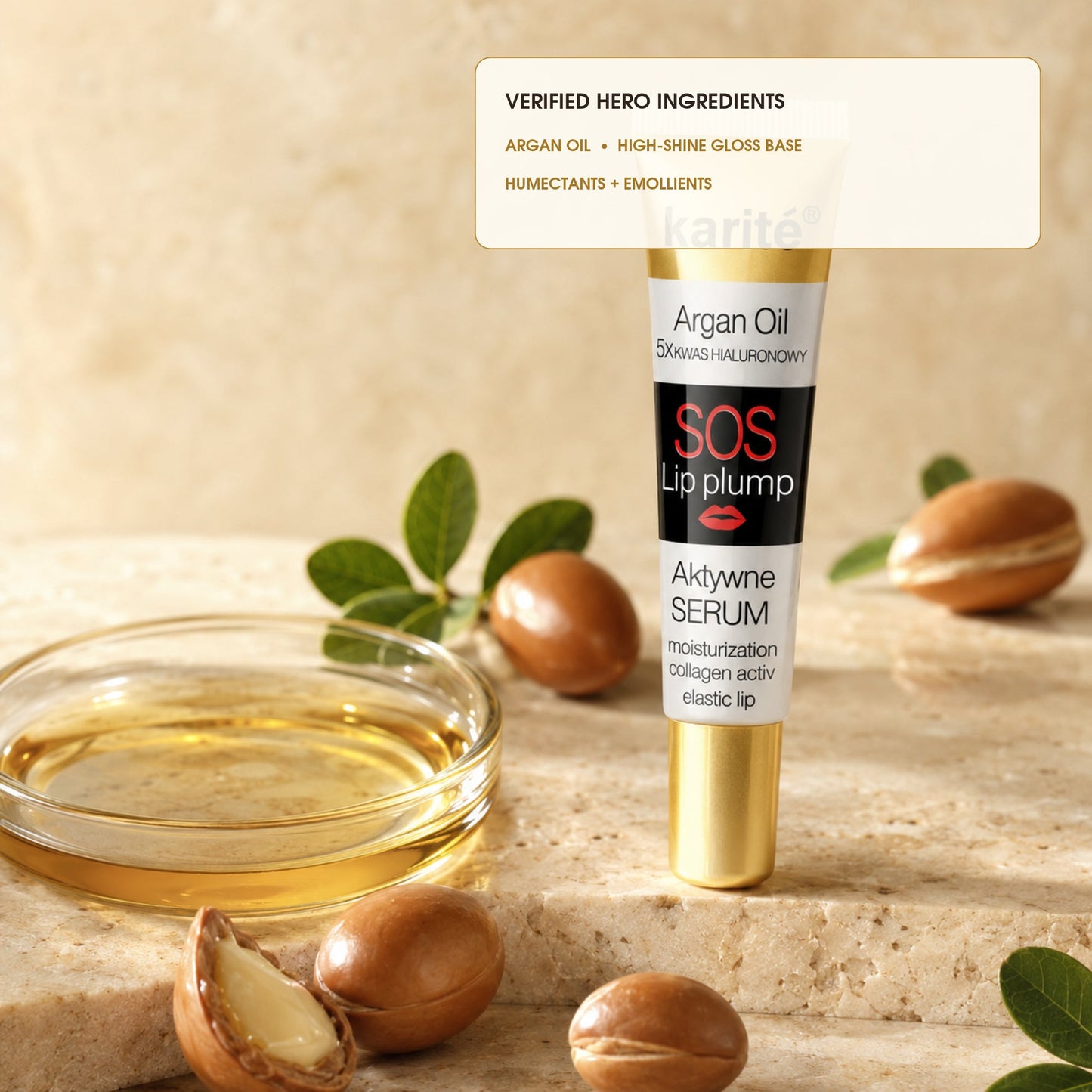 Karité lip serum with named argan oil, gloss base, humectants and emollients
