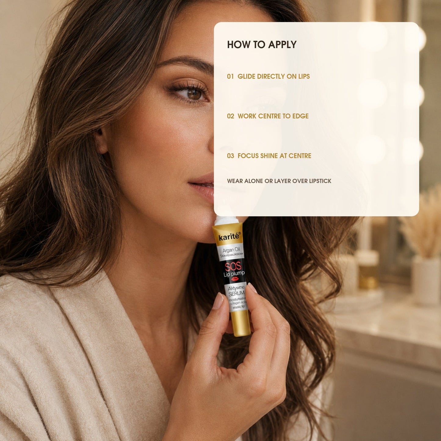 How to apply Karité lip plumper: glide center to edge and focus shine at the center