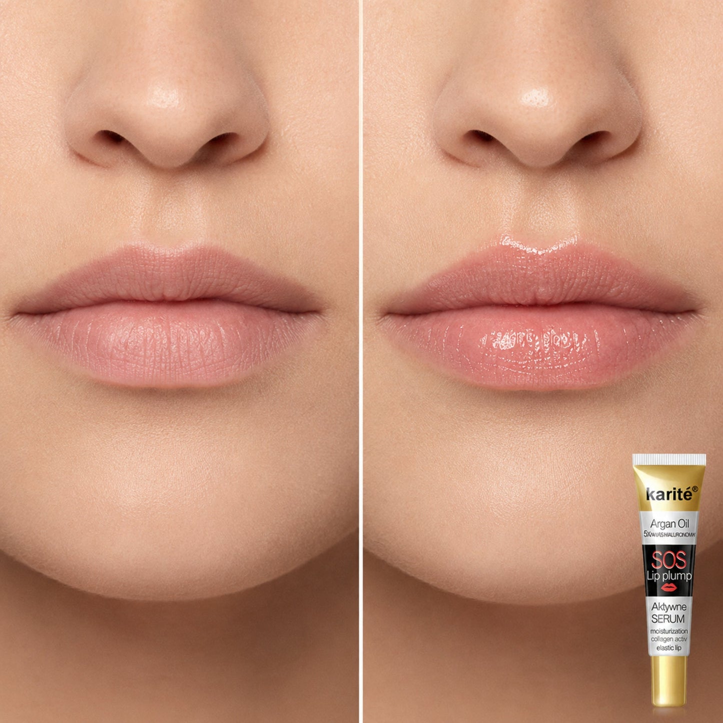 Karité lip serum before-and-after moisture and shine under identical lighting