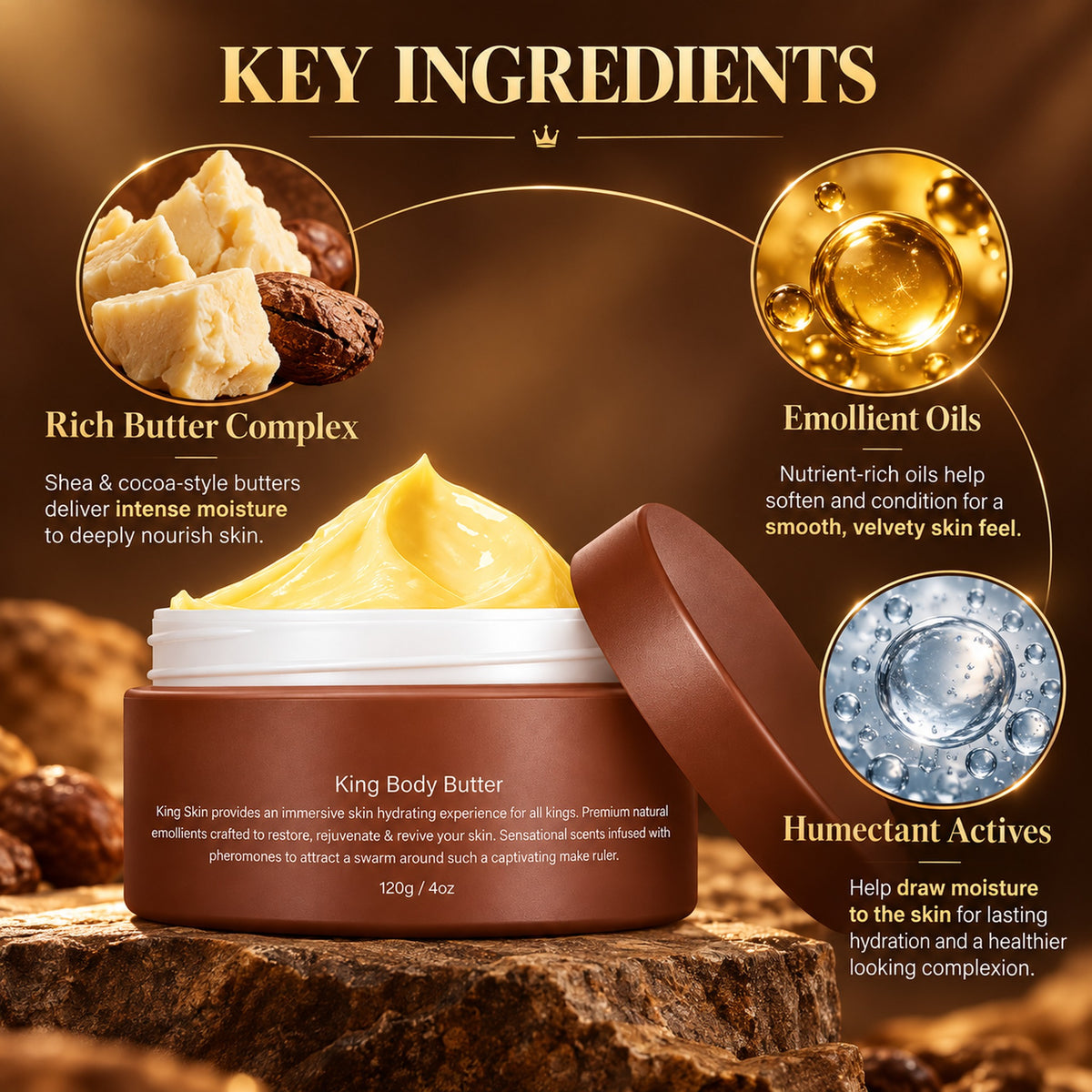 Key ingredients: rich butter complex, emollient oils and humectant actives