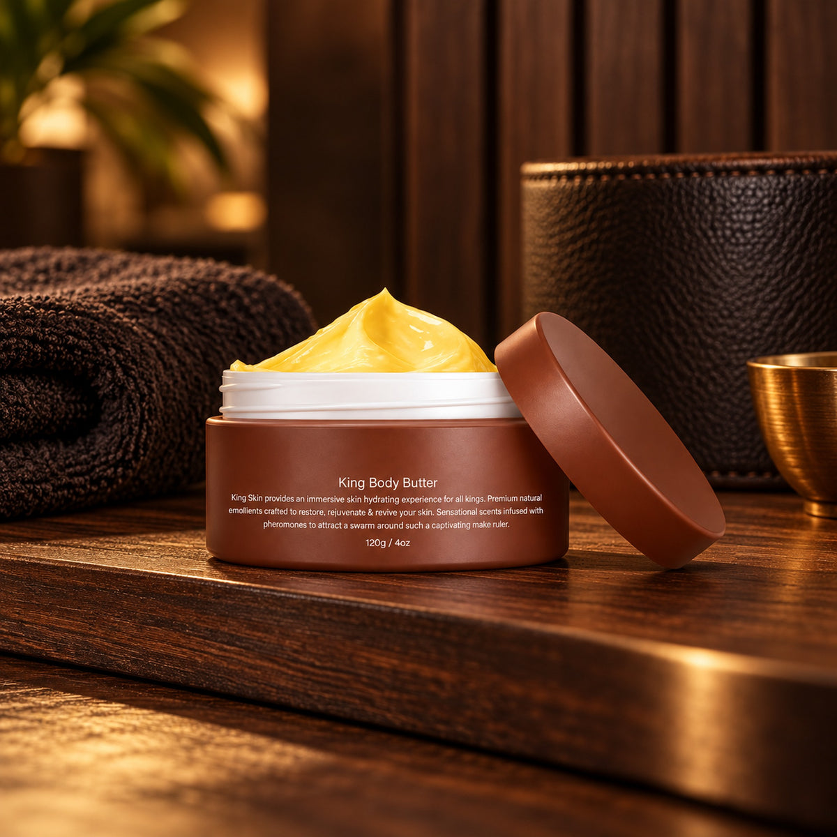 King Body Butter jar on dark wood with a leather cup and towel