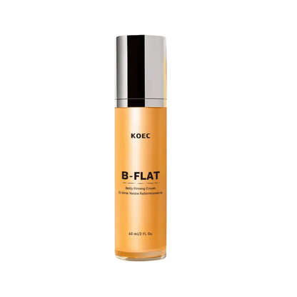 KOEC B-FLAT Belly Firming Cream 60ml pump bottle alone on a pure white background with a soft studio shadow