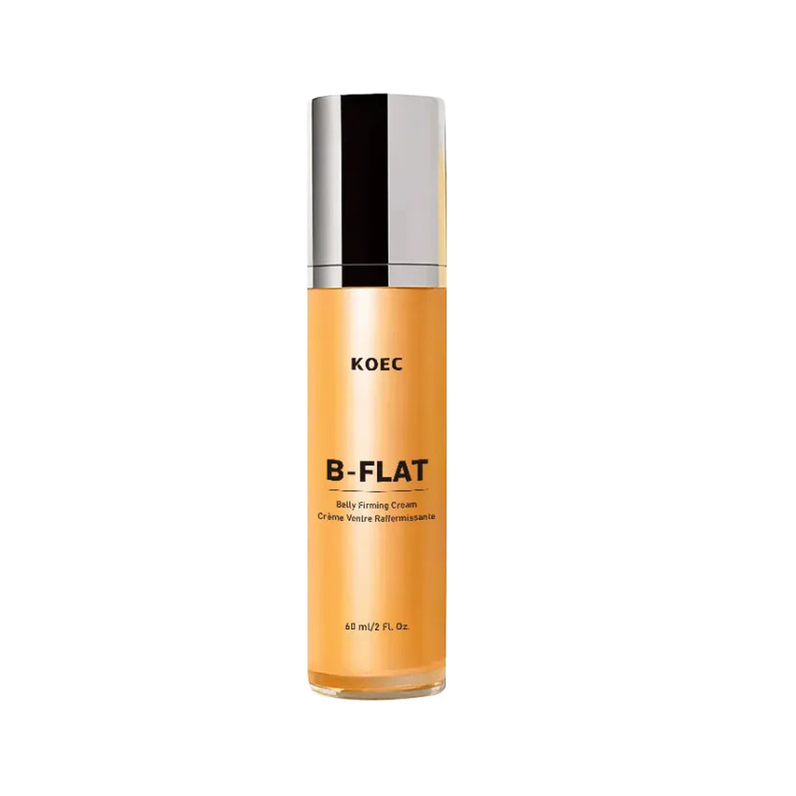 KOEC B-FLAT Belly Firming Cream 60ml pump bottle alone on a pure white background with a soft studio shadow
