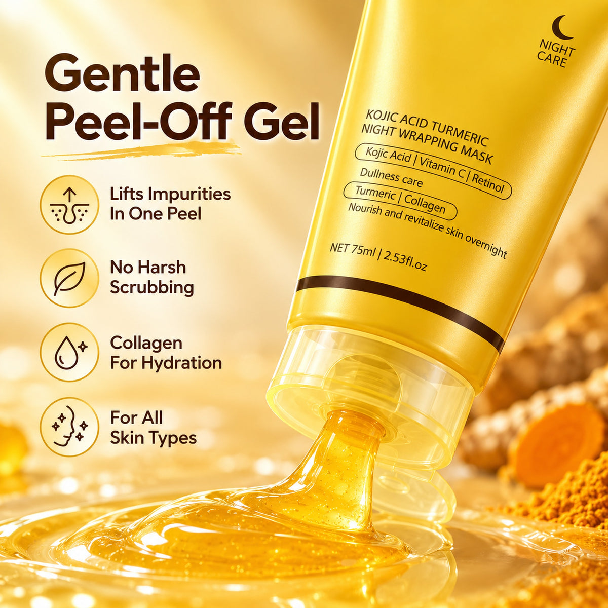 Gentle peel-off gel: lifts impurities in one peel, no harsh scrubbing, collagen for hydration, for all skin types