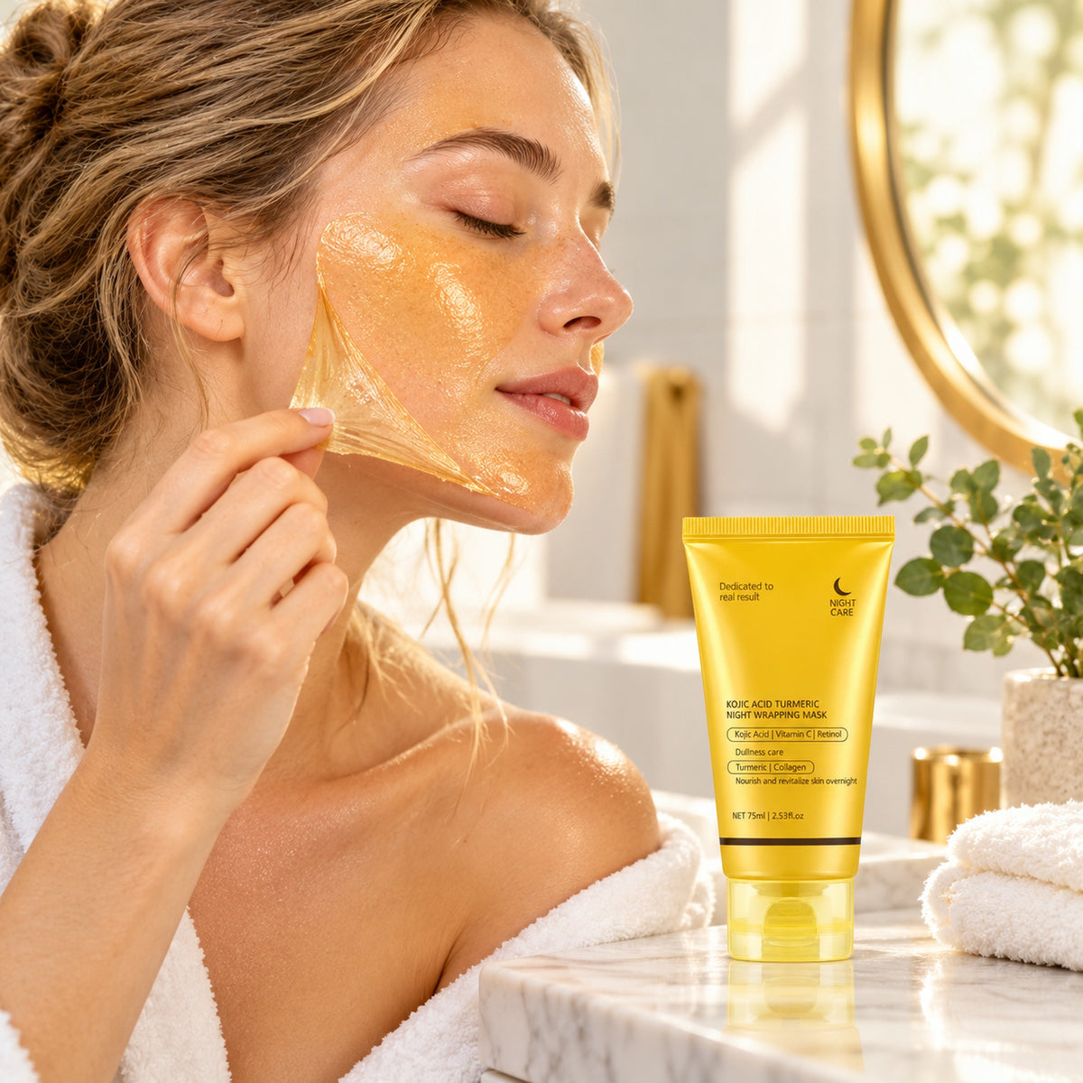 Woman peeling the dried golden kojic acid turmeric mask off her cheek