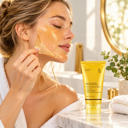 Woman peeling the dried golden kojic acid turmeric mask off her cheek
