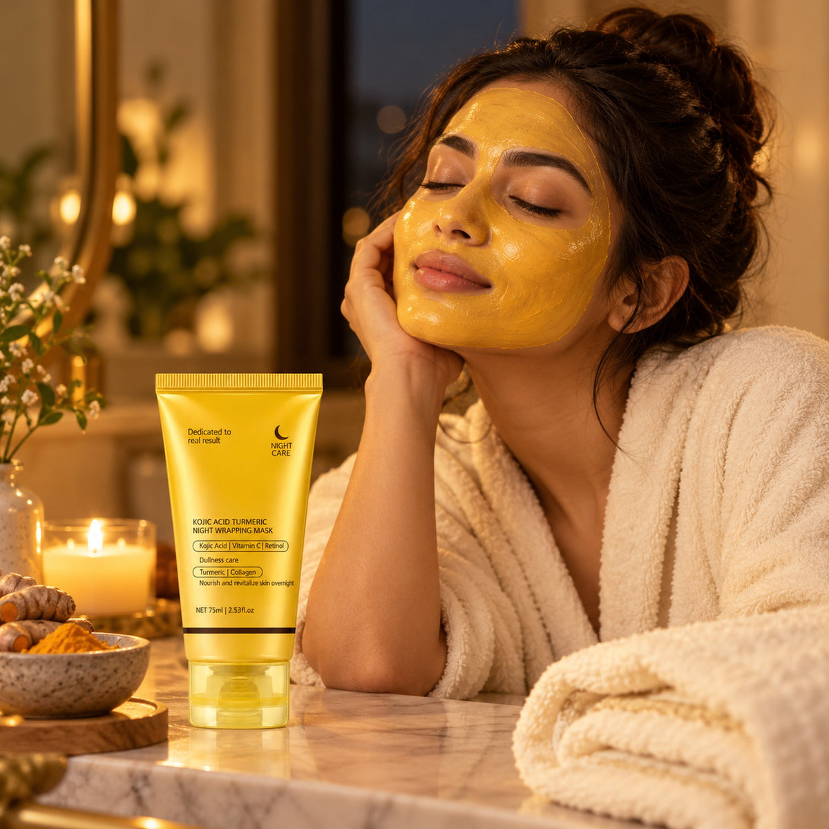 Woman relaxing in the evening wearing the golden turmeric night mask