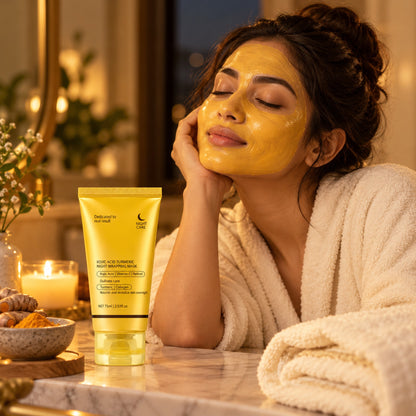 Woman relaxing in the evening wearing the golden turmeric night mask