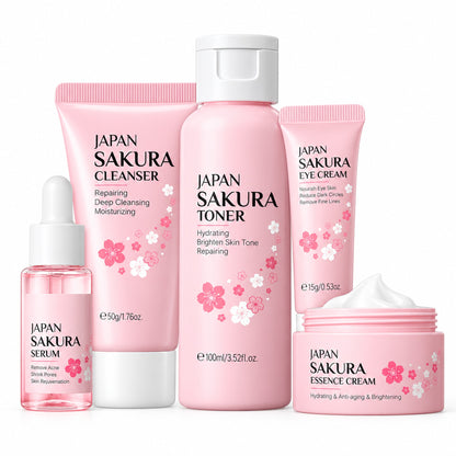 Japan Sakura 5-piece skincare kit: cleanser, toner, serum, eye cream and essence cream