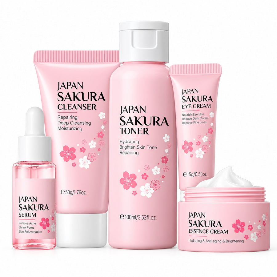 Japan Sakura 5-piece skincare kit: cleanser, toner, serum, eye cream and essence cream
