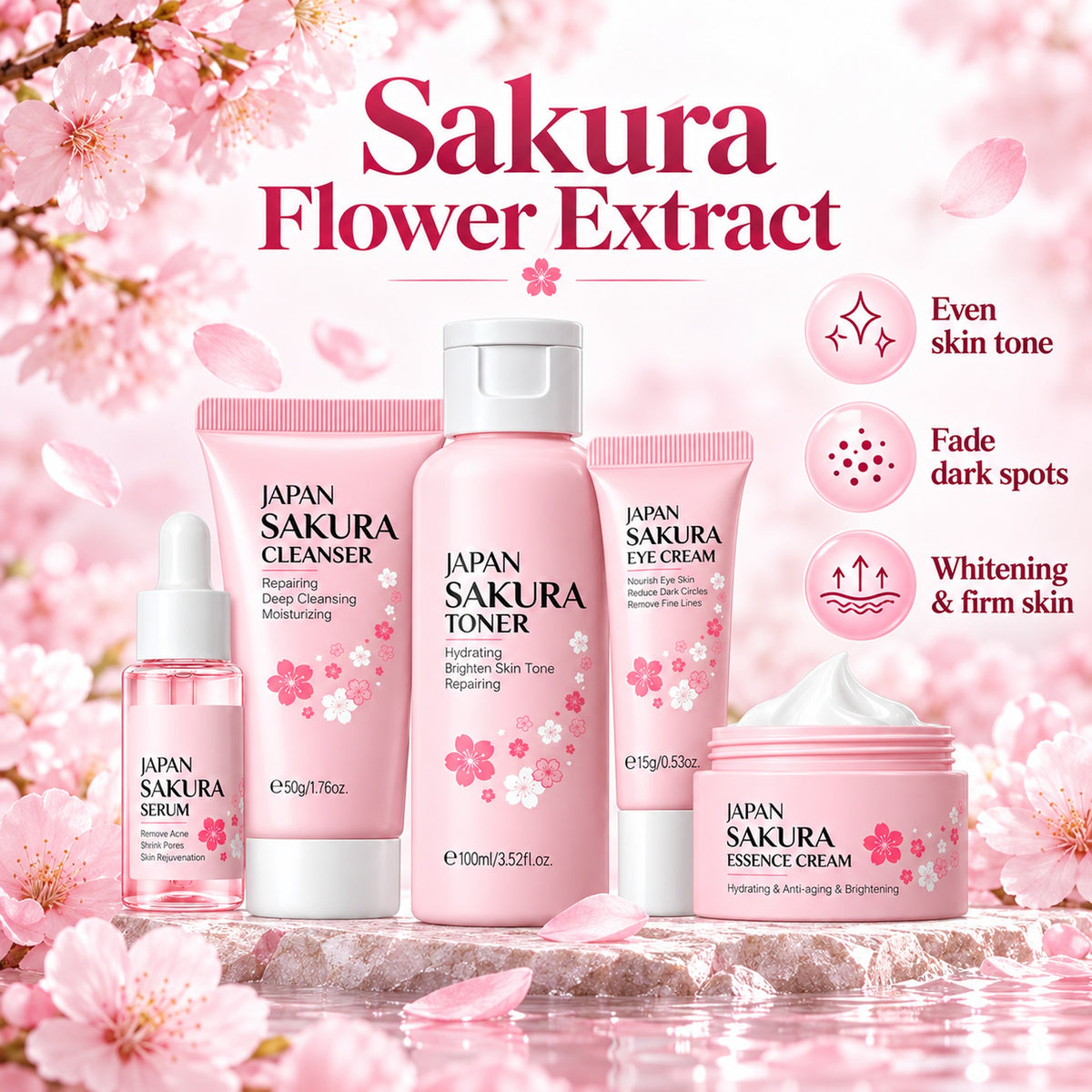 Sakura flower extract: even skin tone, fade dark spots, whitening and firm skin