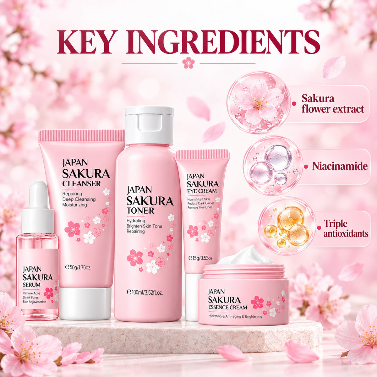 Key ingredients: sakura flower extract, niacinamide and triple antioxidants